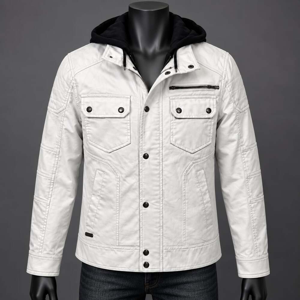 G by GUESS Men’s White Faux Leather Removable Hooded Moto Jacket Y2K Style Small